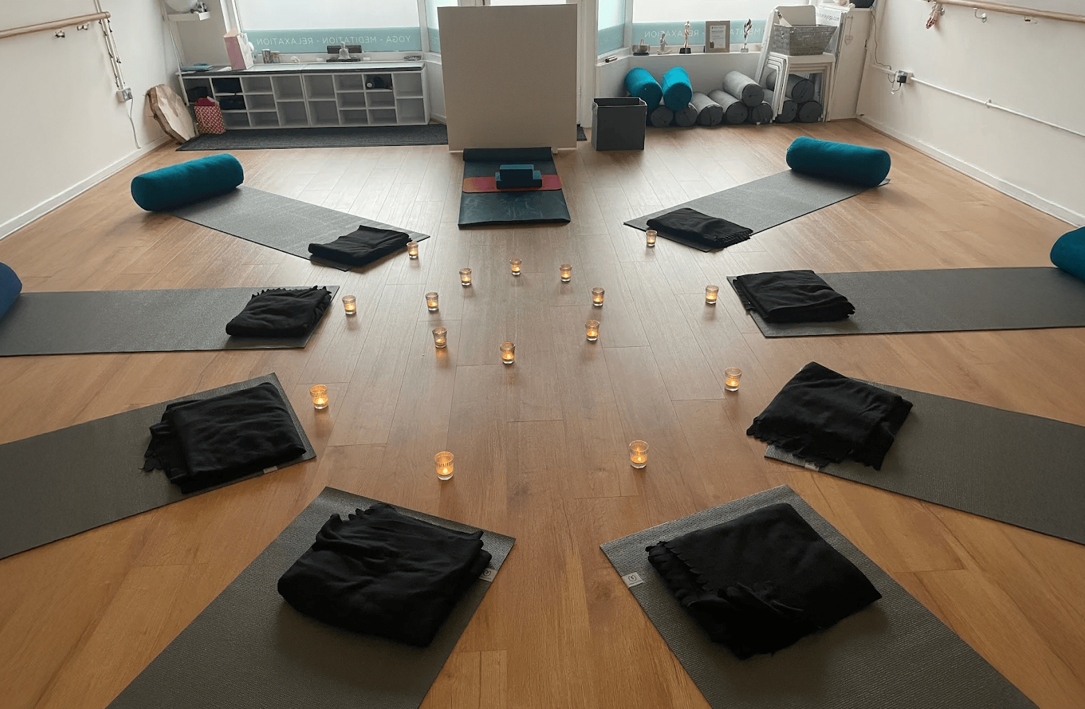 Yoga class set up with mats, blankets and candles at Toni Marie Yoga Studio in Wigan